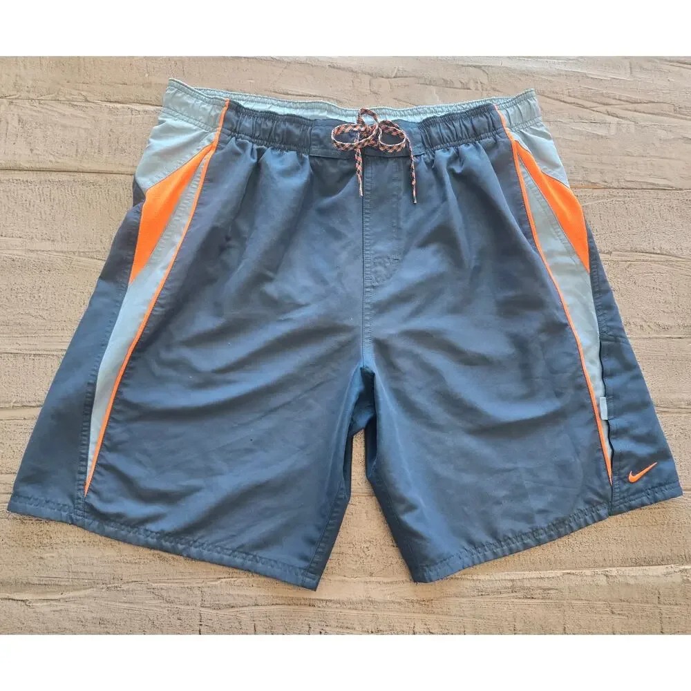 Nike Mens Large Swim Trunks Gray Orange Blue Colorblock Mesh Lined Drawstring